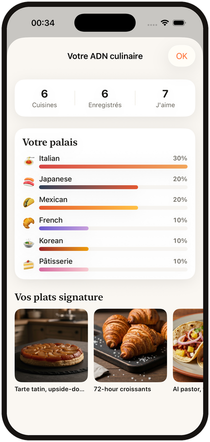 A Foodies profile in the food community app: Food DNA taste summary, favourite cuisines and saved collections.
