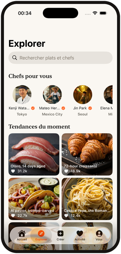 Food discovery in Foodies: a grid of food photos shared by people eating and cooking nearby.