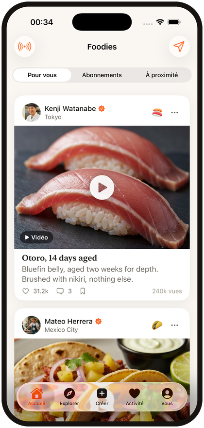 The Foodies food feed: a food video of a dish being plated, with likes and comments from the foodie community.